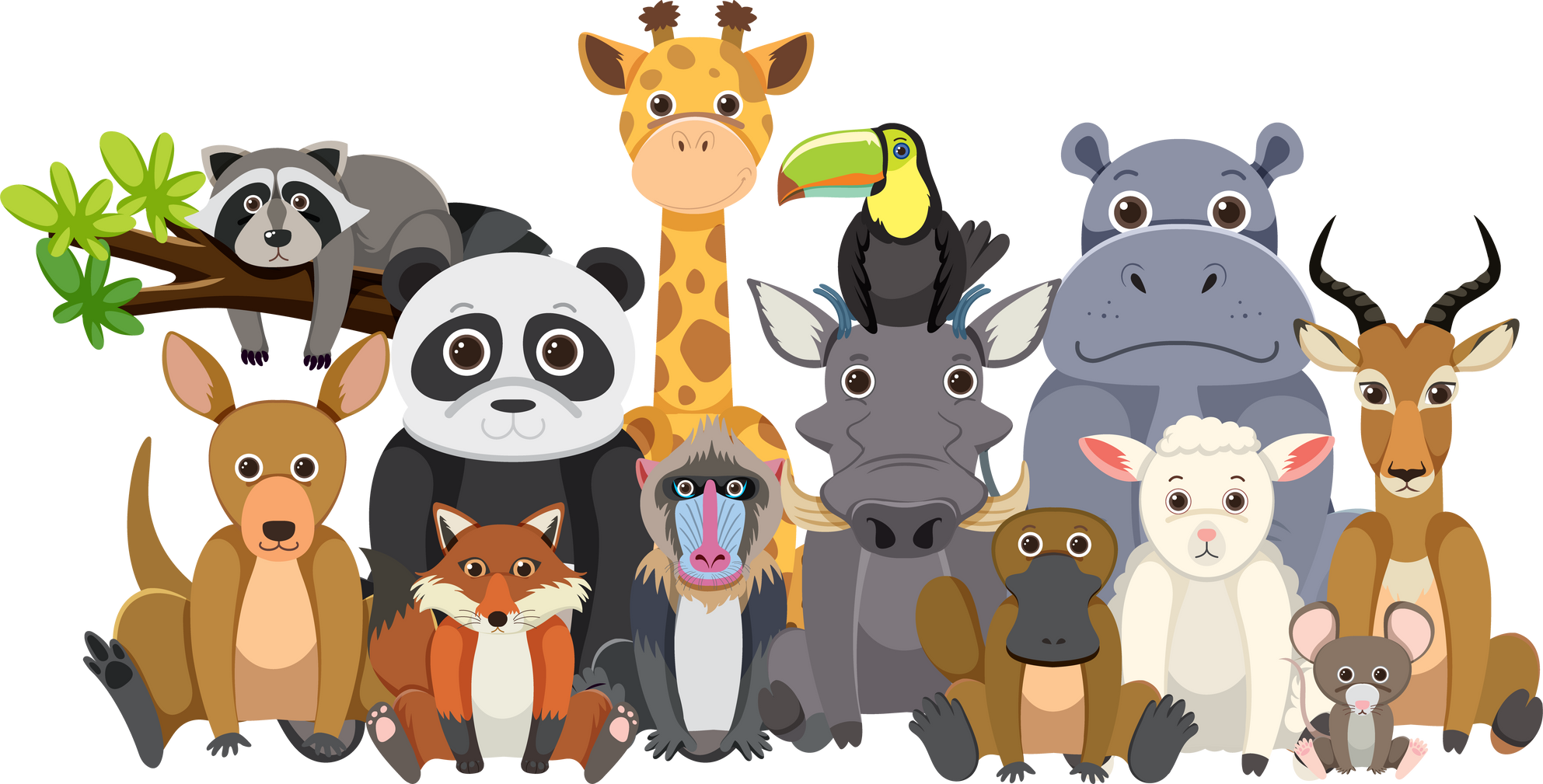 Zoo Animals Group in Flat Cartoon Style